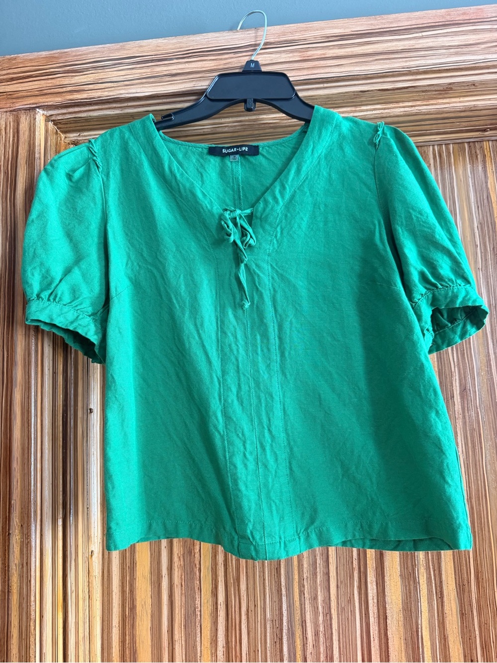 Sugarlips Emerald Green Tie-Front Puff Sleeve Blouse